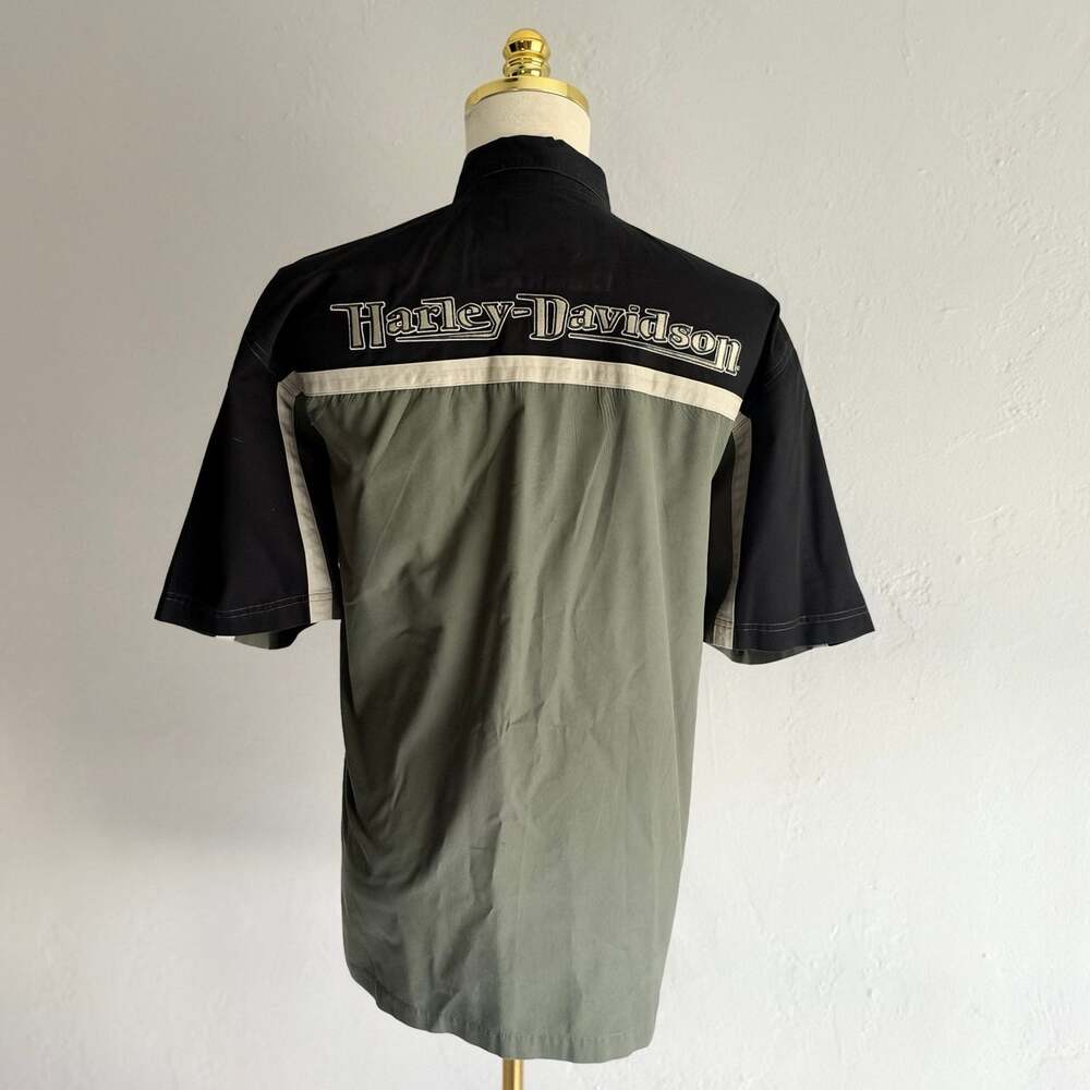 Harley Davidson Men's Olive Green Black Colorblock Short Sleeve Biker Shirt